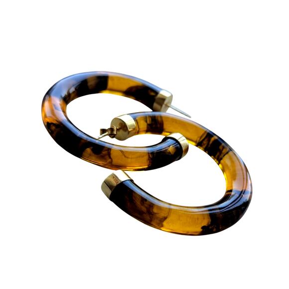 Vermeil Gold-Plated Sterling Base Tortoiseshell Resin Hoop Earrings 2" - Picture 5 of 9